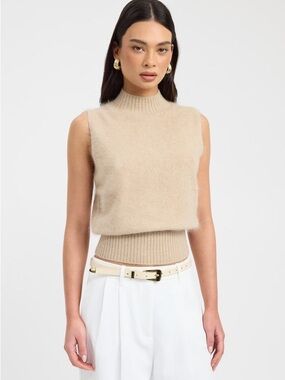 Kookai Geneva Sleeveless Wool Cashmere Mock Neck Knit Tank Top in Fawn